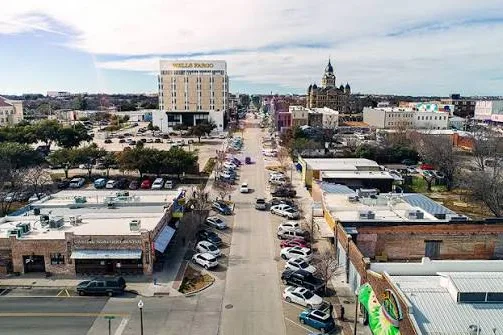 Aerial view of downtown Denton, Texas in Denton County