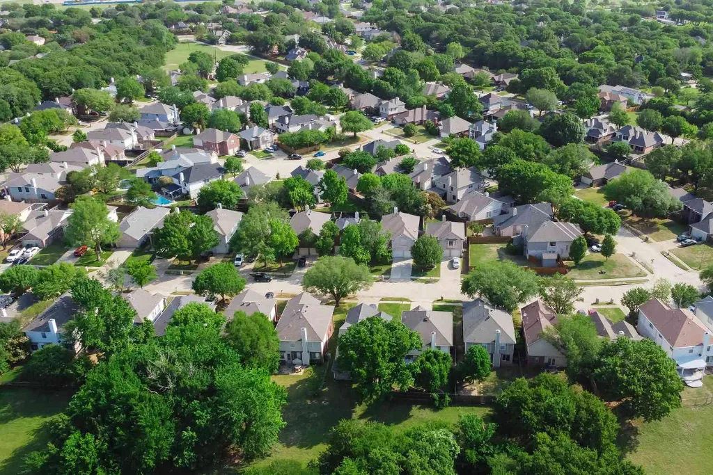 Aerial view of tree-lined neighborhoods in Flower Mound, Texas
