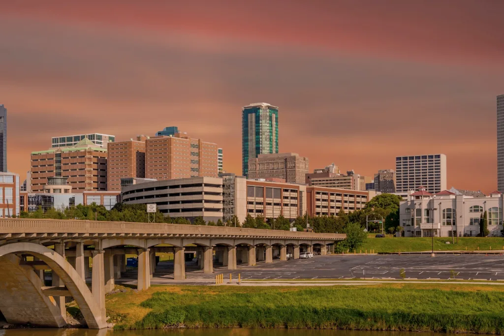 Fort Worth, Texas skyline and bridge at sunset