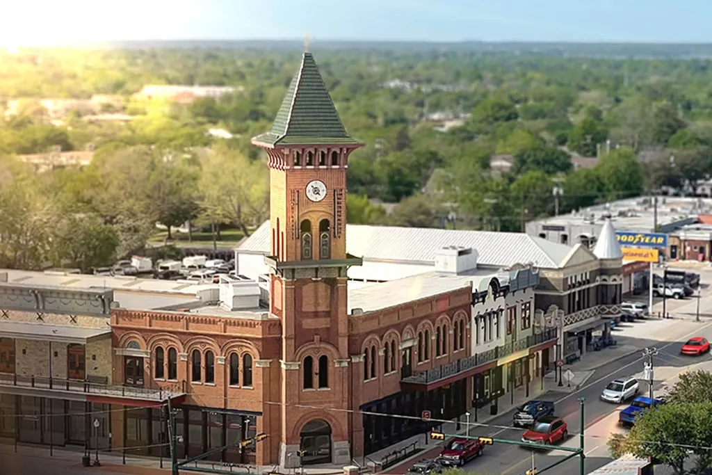 Clock tower and historic Main Street buildings in Grapevine, Texas
