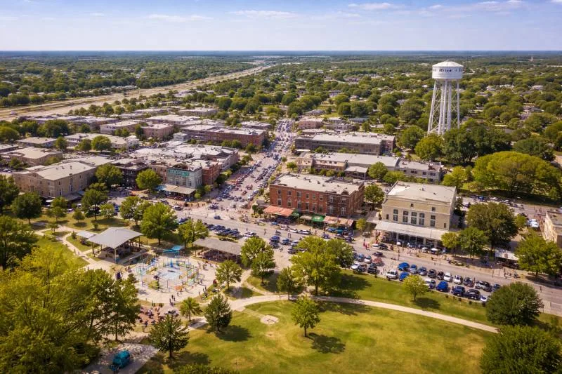 Aerial view of downtown Roanoke, Texas with its water tower