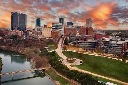 Downtown Fort Worth skyline in Tarrant County, Texas at sunset