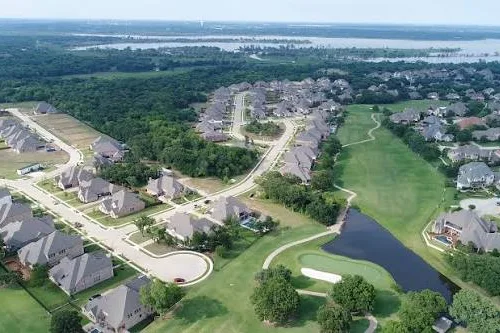 Aerial view of homes along a golf course in Trophy Club, Texas